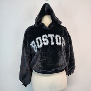 Planet Heart Boston Faux Fur Hoodie Top Size S Black Cozy Street Baddie Y2K City
